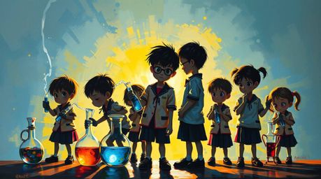 A vibrant acrylic painting depicts a group of quirky children in school uniforms conducting science experiments.  The bold br