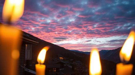 Immerse yourself in a close-up view of a cozy village nestled in a picturesque valley, illuminated by the warm glow of candle