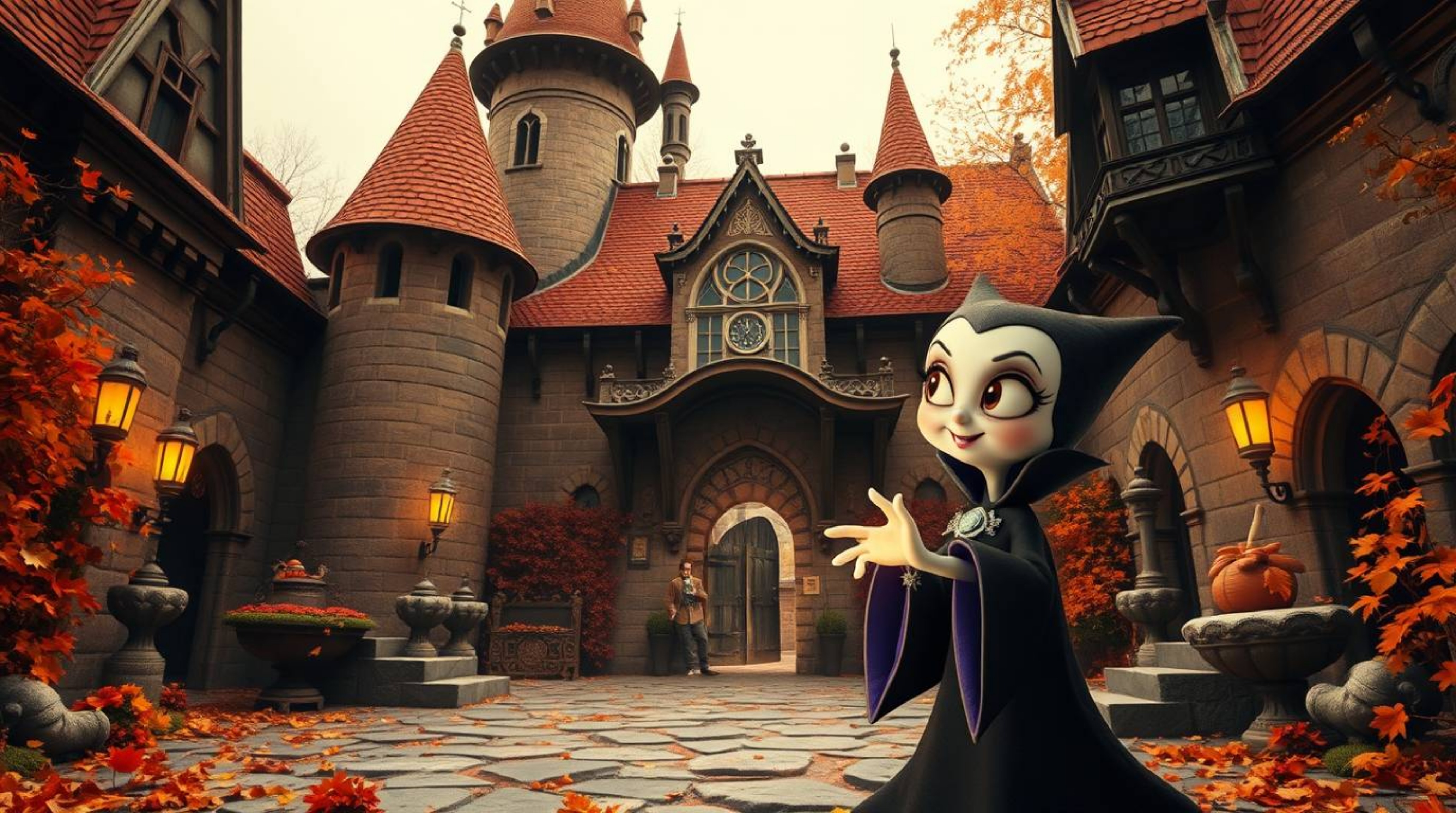 A dreamlike scene featuring a classic, adorable, and cute Disney villain casting a spell within the aged walls of an old cast
