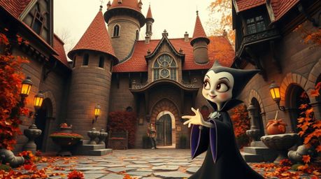 A dreamlike scene featuring a classic, adorable, and cute Disney villain casting a spell within the aged walls of an old cast