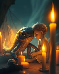 In a mystical scene illuminated by warm candlelight, a sea creature and a human child forge an unlikely friendship, bathed in