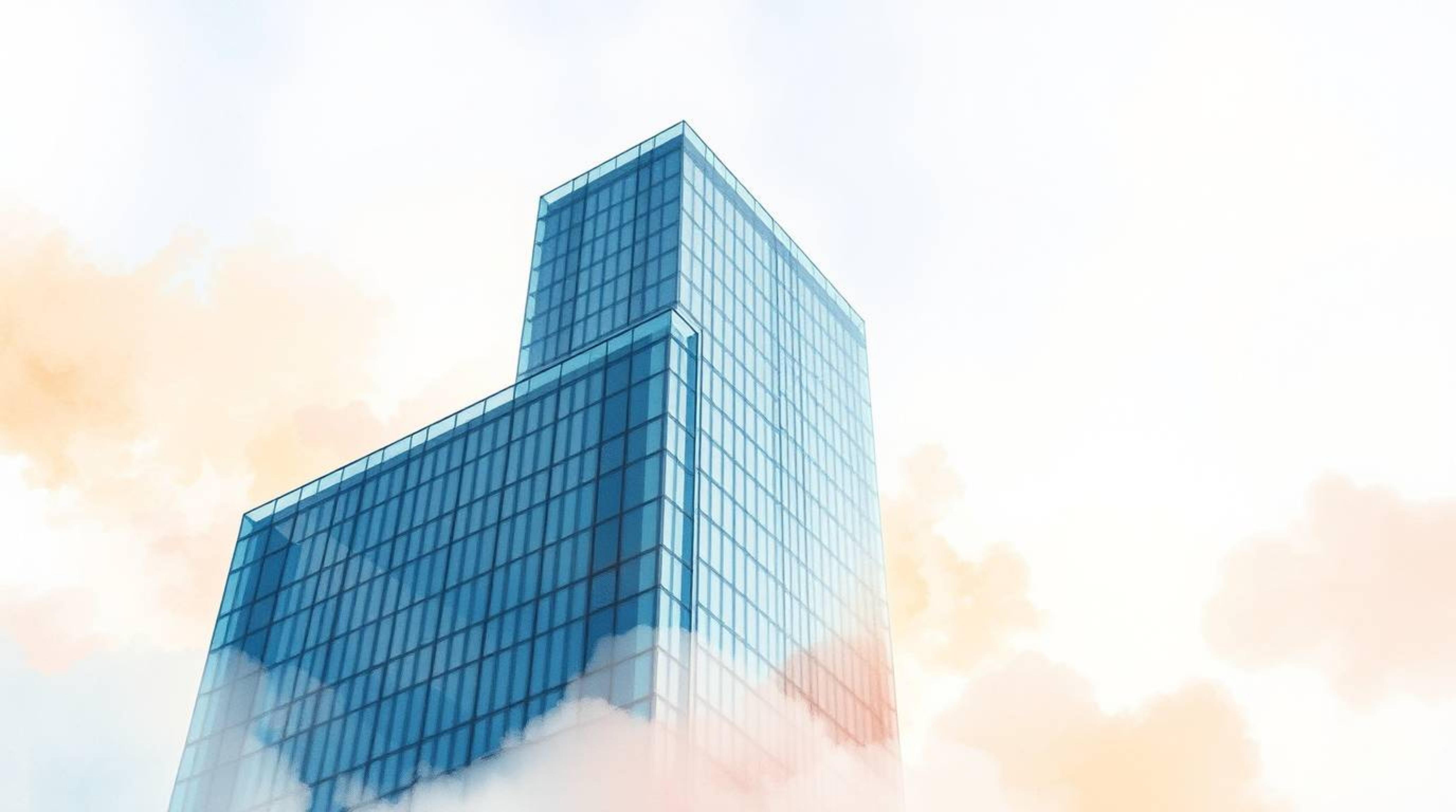 A delicate watercolor painting captures a modern glass building subtly dissolving into a serene pastel sky, where soft clouds