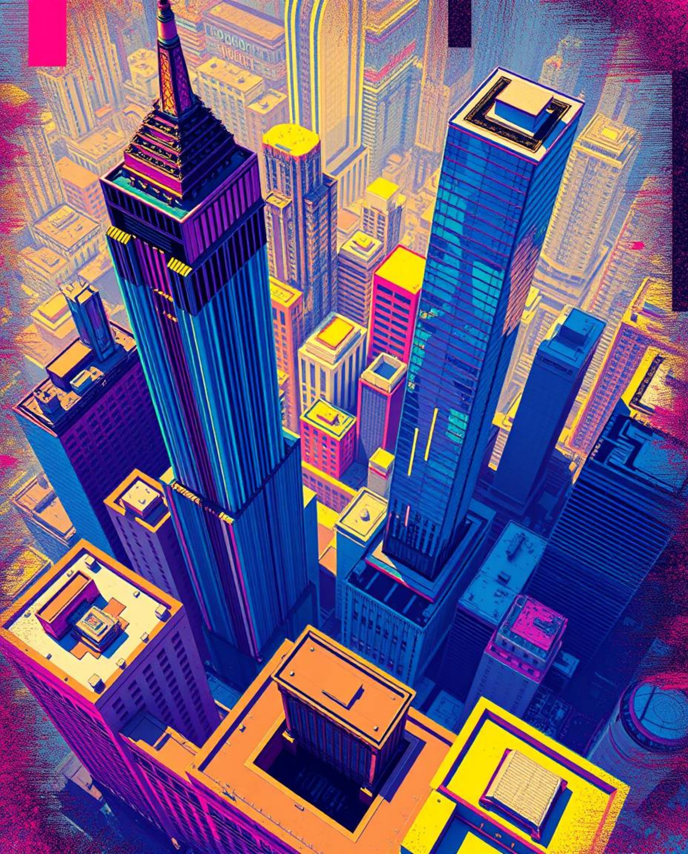 This striking digital illustration presents a bird's-eye view of a glitchy digital landscape dominated by distorted skyscrape