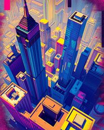 This striking digital illustration presents a bird's-eye view of a glitchy digital landscape dominated by distorted skyscrape