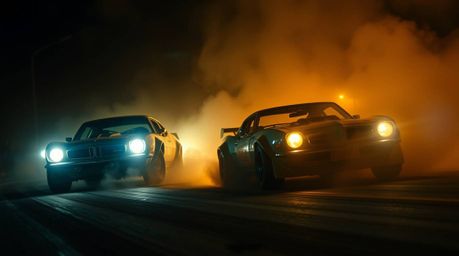 Discover a unique fine art photograph depicting a whimsical racing scene.  Outlandish cars speed through a dusty or foggy tra
