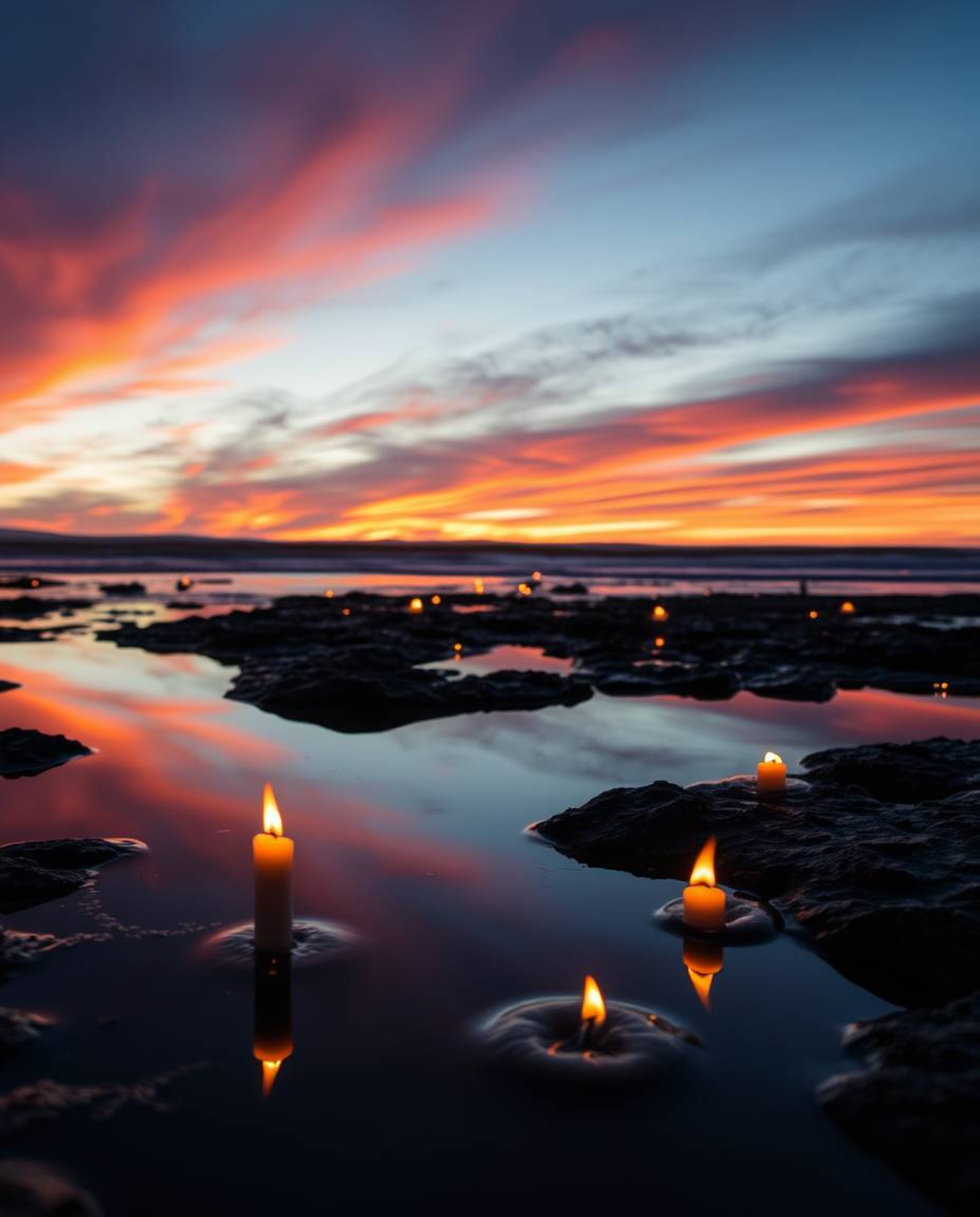 A dramatic, cinematic-style image captures a sunset sky mirrored in tidal pools on the beach. The scene is enhanced by the in