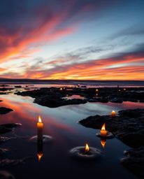 A dramatic, cinematic-style image captures a sunset sky mirrored in tidal pools on the beach. The scene is enhanced by the in