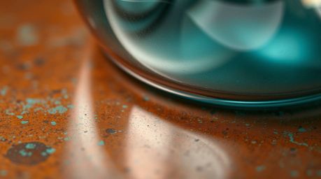 A close-up detail capturing a glass object reflecting smooth gradient textures on a cast bronze surface with warm terracotta 