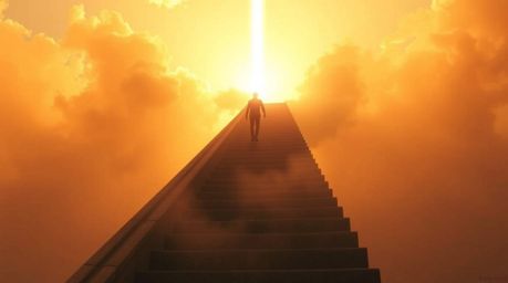 A lone figure ascends a stone staircase towards a radiant beam of divine light, bathed in a warm golden glow. Thick smoke swi