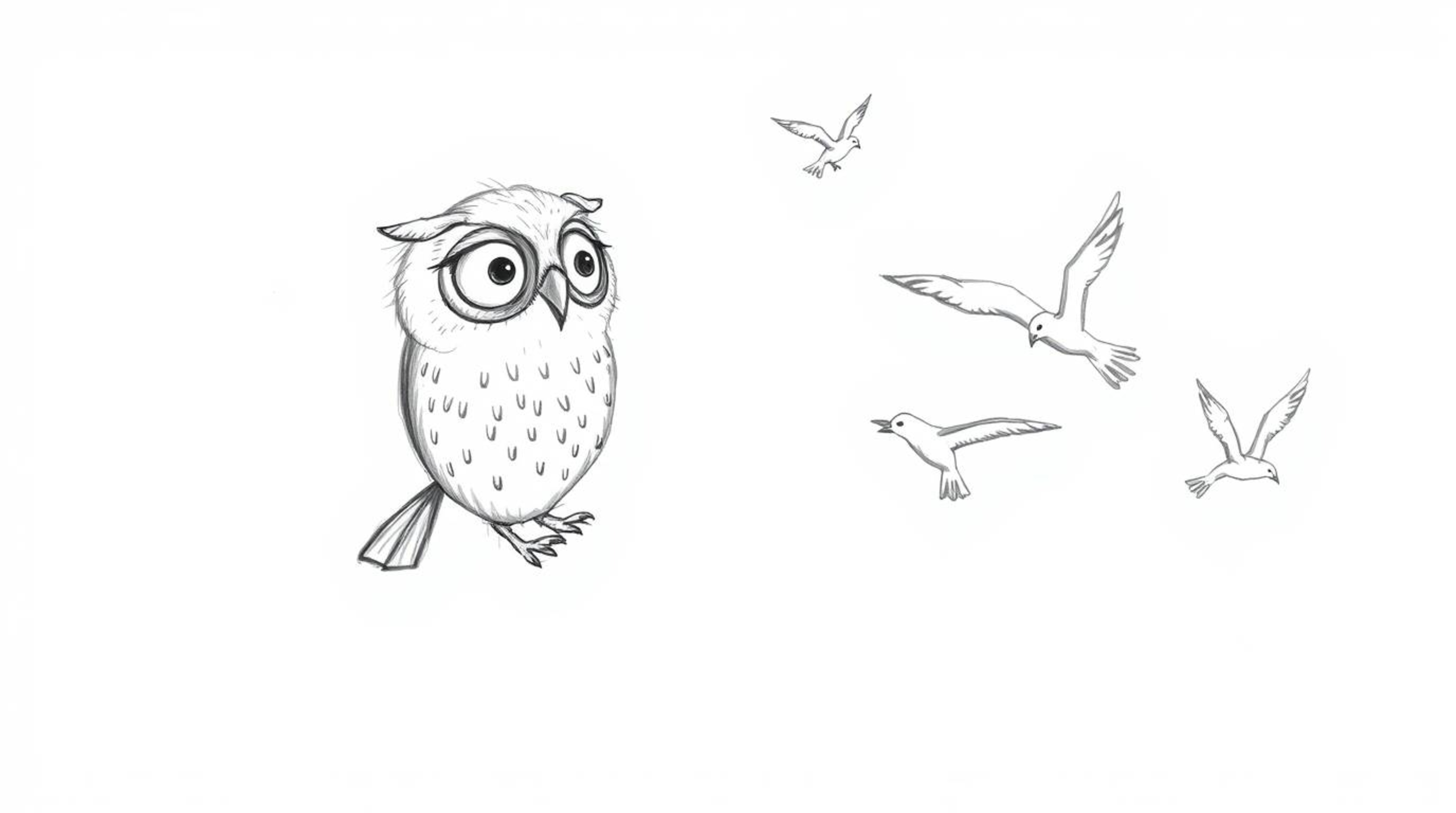 A hand-drawn pencil sketch depicts a blind owl, rendered in a Pixar-inspired style, guiding birds into flight using its enhan