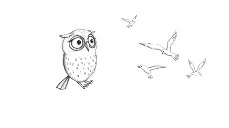 A hand-drawn pencil sketch depicts a blind owl, rendered in a Pixar-inspired style, guiding birds into flight using its enhan