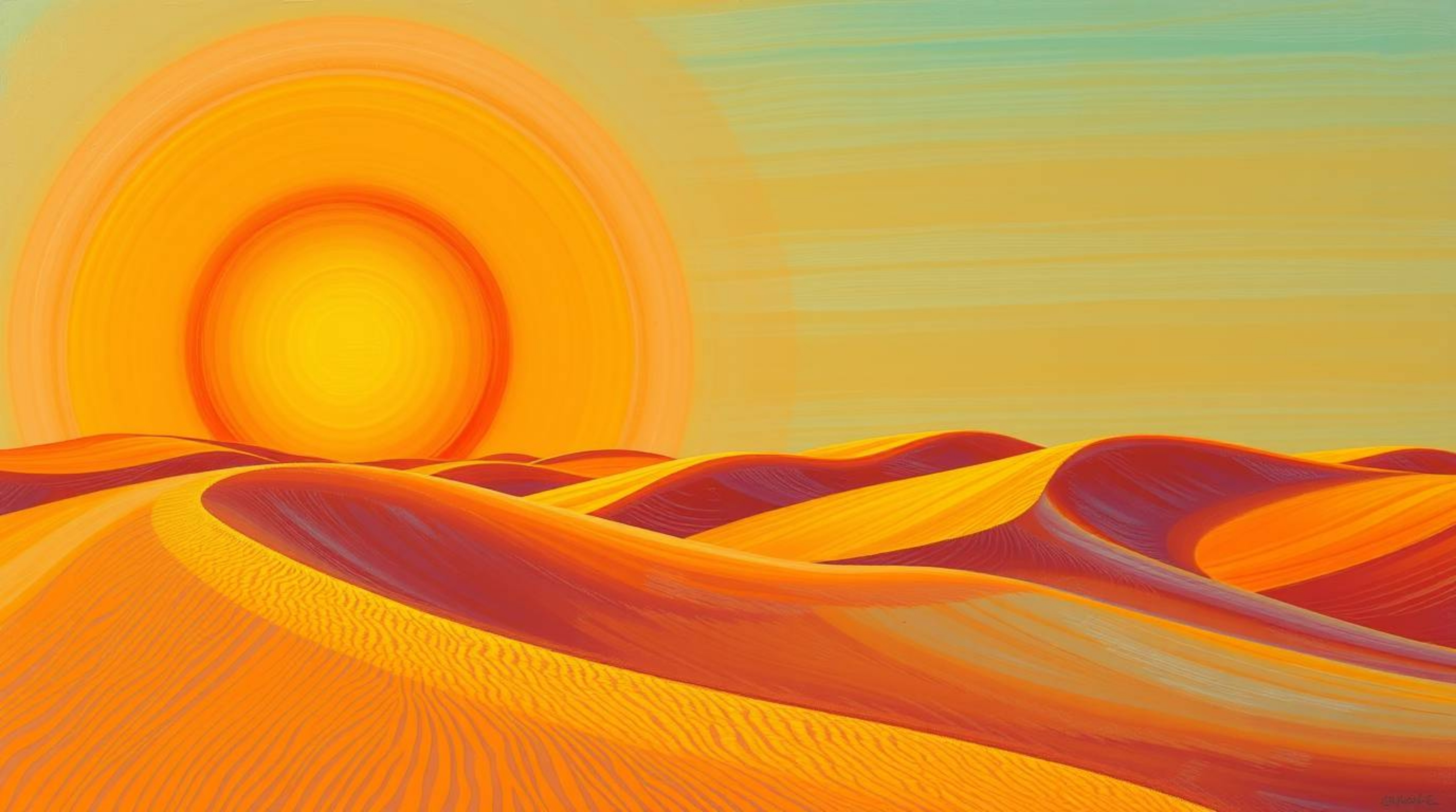 Experience the vibrant hues of a bold acrylic painting depicting a breathtaking sunset over textured golden dunes.  The seaml