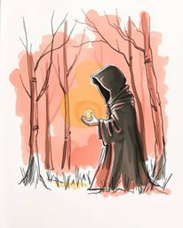 This evocative hand-drawn sketch features a cloaked figure standing within a misty forest, holding a captivating glowing orb.