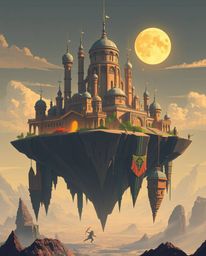 Explore a surreal floating island featuring bizarre and captivating architecture, rendered in a modern flat design style with