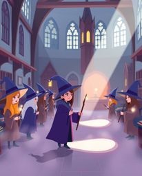 Explore a modern magical school teeming with young wizards, brought to life in a captivating flat design aesthetic.  Volumetr