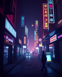 Immerse yourself in a pixelated glitch image of a cyberpunk street bathed in neon haze. This low angle perspective captures t