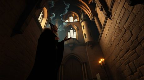 A dramatic photograph depicting a classic Disney villain casting a powerful spell within the aged walls of an old castle, cap
