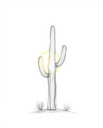 A hand-drawn sketch of a desert cactus glowing in the setting sun, rendered with rough pencil strokes on a clean white backgr