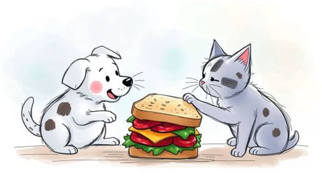 A whimsical, hand-drawn illustration depicts a dog and cat playfully fighting over a large sandwich.  Rendered in a soft, dre
