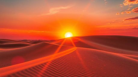 Experience a breathtaking desert sunset featuring golden dunes, a seamless blend of vibrant colors, and striking light streak