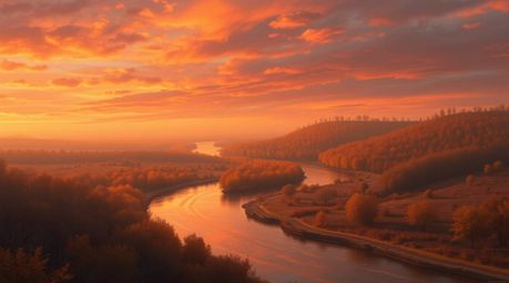 Immerse yourself in a breathtaking scene featuring a winding river bathed in the warm glow of a dramatic orange-pink sky. Thi