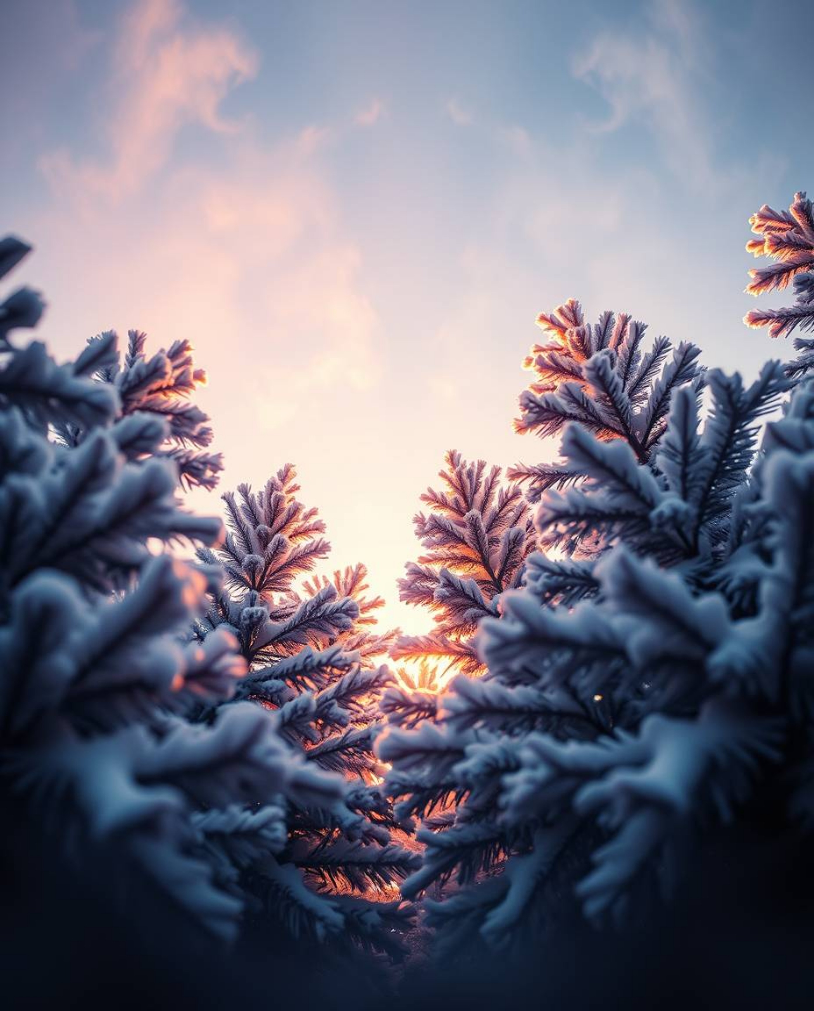 A low-angle, intricate origami-style image depicting sunset light sparkling on snowy pine trees. The image features geometric