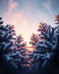 A low-angle, intricate origami-style image depicting sunset light sparkling on snowy pine trees. The image features geometric