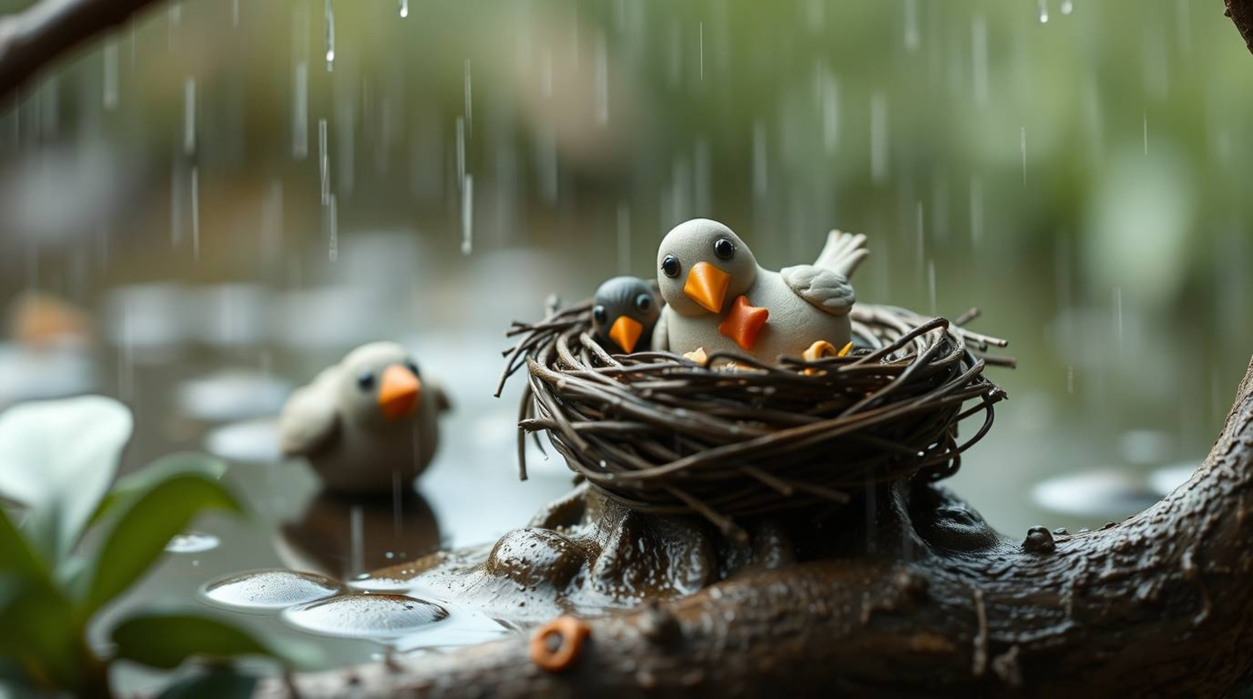 A charming scene featuring sculptural clay birds in a classic animation style, diligently building a nest. The wet, rainy amb