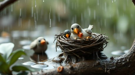 A charming scene featuring sculptural clay birds in a classic animation style, diligently building a nest. The wet, rainy amb
