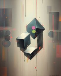 A captivating classic oil painting showcases glitched geometric shapes floating within a dreamy, soft-focus cyberspace matrix