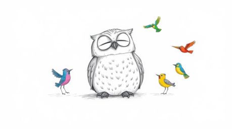 A heartwarming hand-drawn sketch in Pixar style depicting a content blind owl resting peacefully while vibrant birds circle a