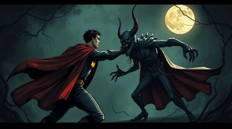 A captivating illustration depicts a superhero in a cape engaged in a dynamic battle against a comically silly villain.  The 