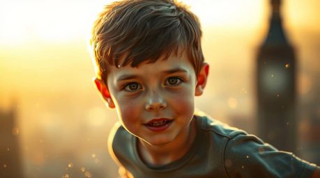 A captivating photograph depicts a young boy with fair skin seemingly flying above London, sprinkled with magical pixie dust.