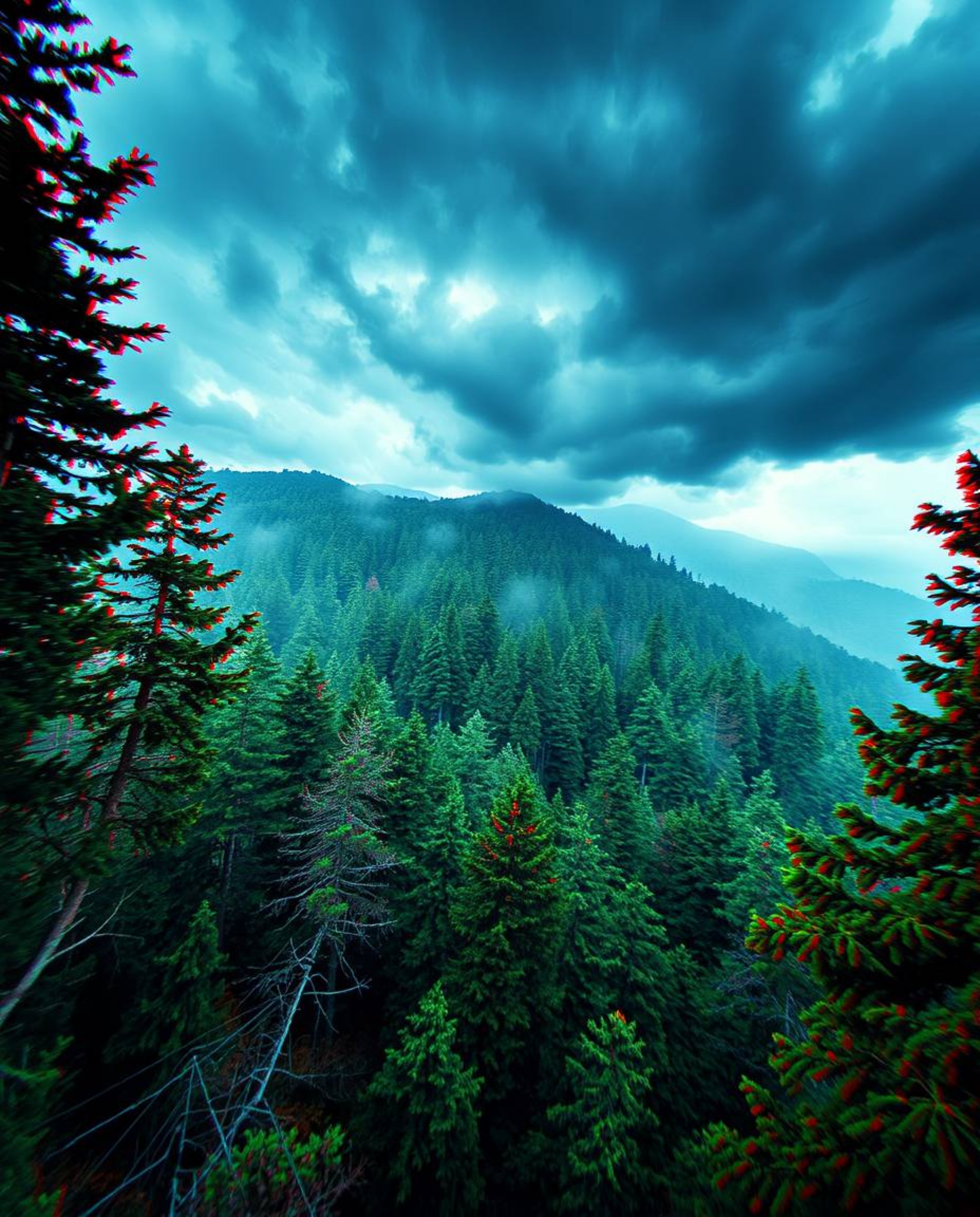 A captivating digital painting showcases a high-angle view of a forest scene dramatically altered by digital glitches.  Inten