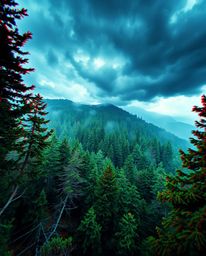 A captivating digital painting showcases a high-angle view of a forest scene dramatically altered by digital glitches.  Inten