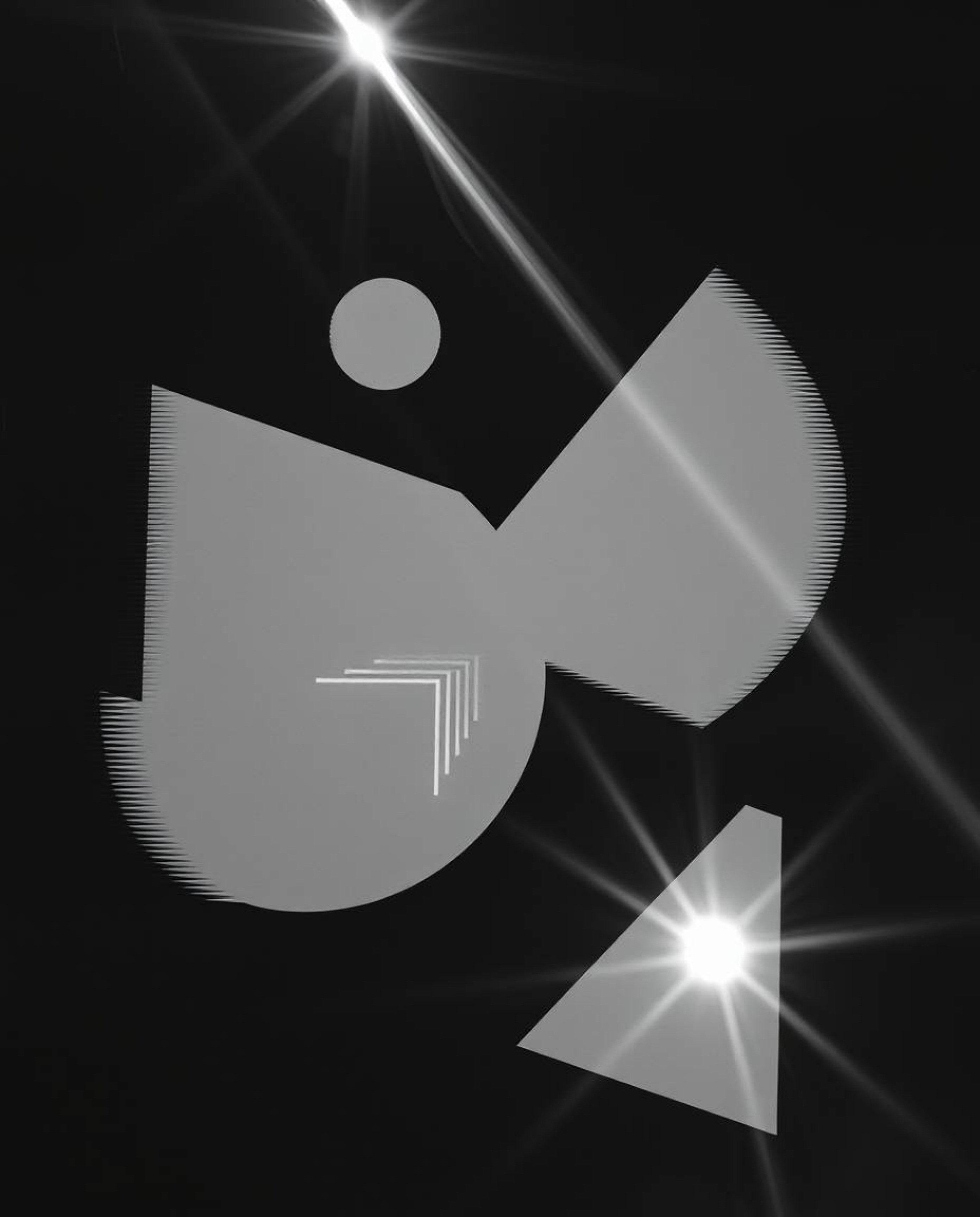A captivating classic black and white photograph showcasing abstract shapes distorted with glitch effects, fragmentation, and