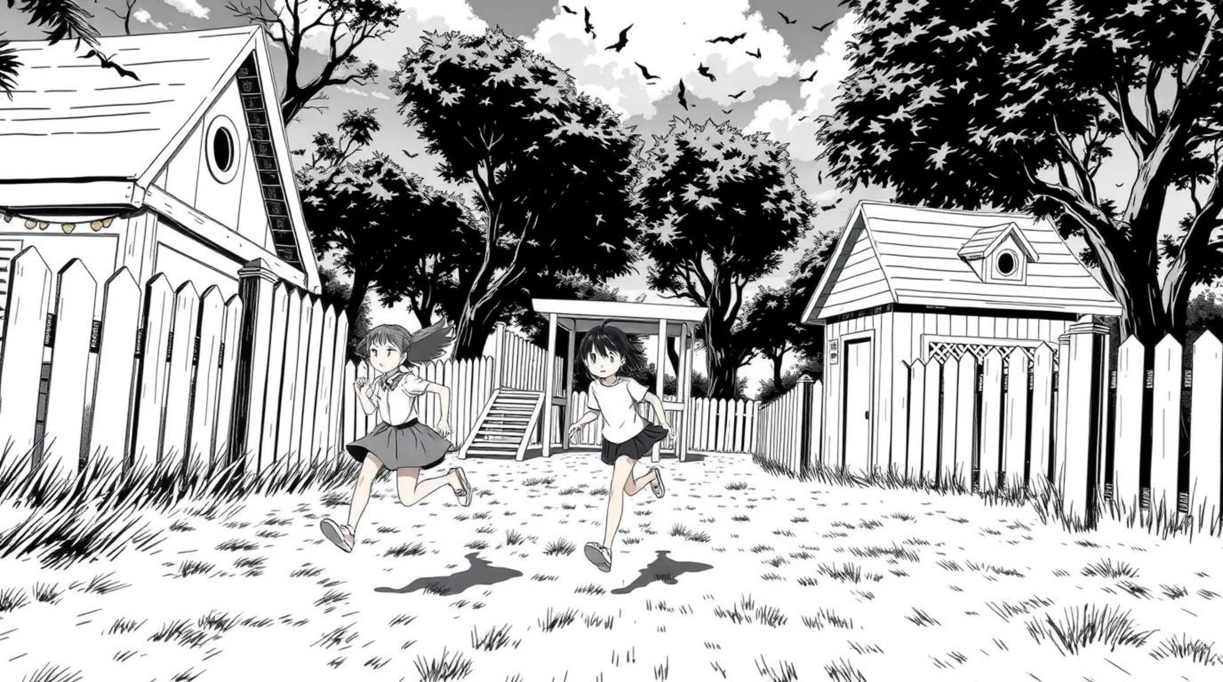 Experience a dramatic slow-motion run through a playground, rendered in a classic black and white Isekai anime style.  This v