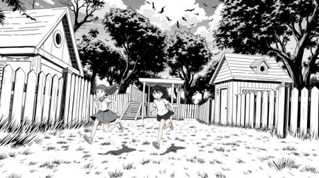Experience a dramatic slow-motion run through a playground, rendered in a classic black and white Isekai anime style.  This v