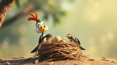 A cinematic image depicts two cartoon birds diligently constructing a nest in a classic animation style. The birds are render