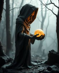 A captivating clay sculpture depicts a cloaked figure in a misty forest, holding a glowing orb. The artwork is characterized 
