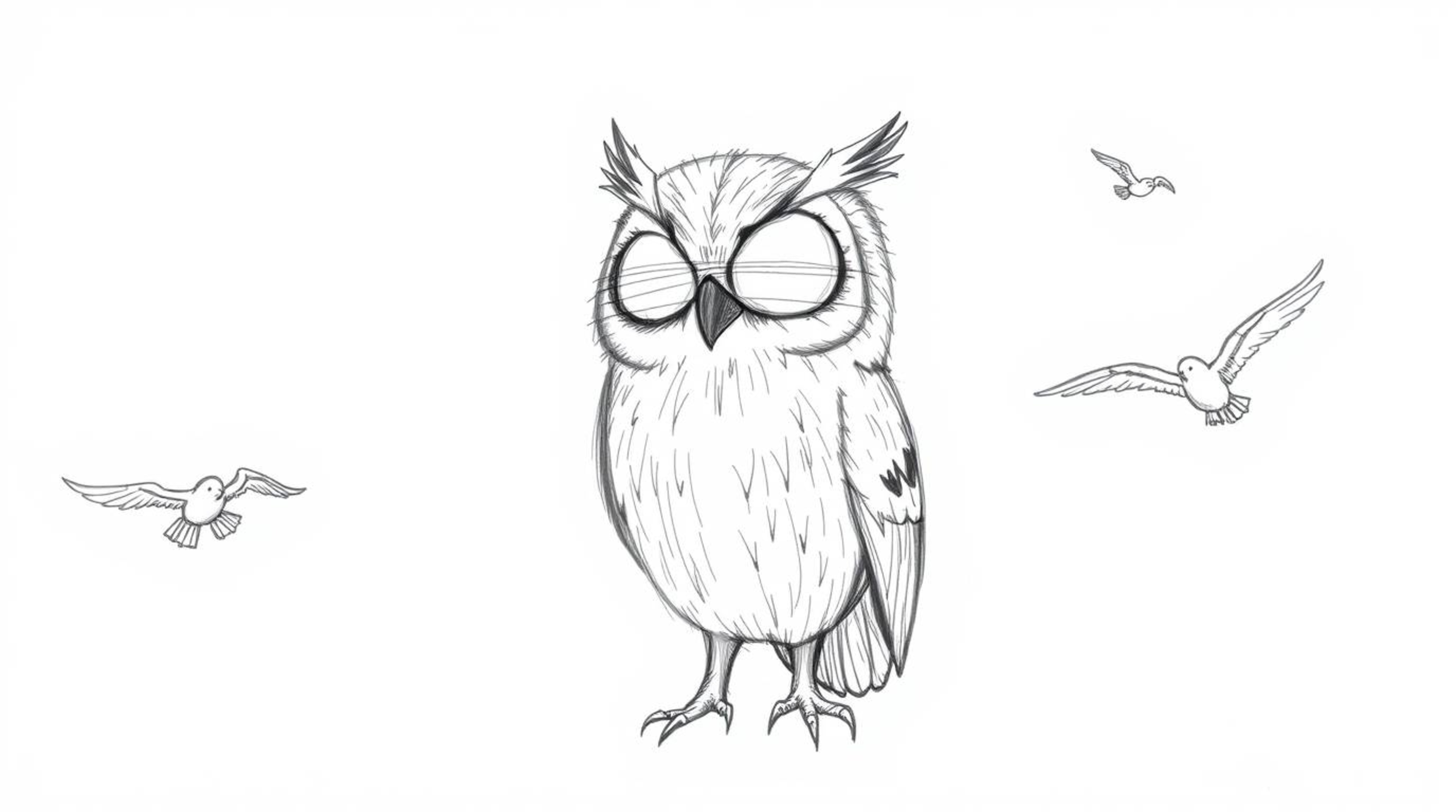 A heartwarming hand-drawn sketch in the style of Pixar portrays a blind owl, textured with pencil strokes, imparting the skil