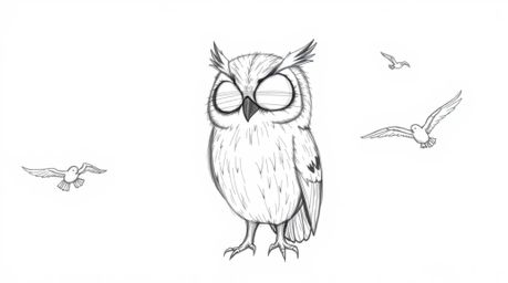 A heartwarming hand-drawn sketch in the style of Pixar portrays a blind owl, textured with pencil strokes, imparting the skil