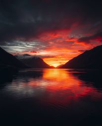 A stunning image of a glassy fjord reflecting a sunset, defined by the use of chiaroscuro lighting. The scene is bathed in wa
