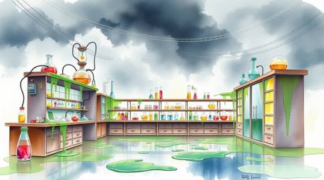A captivating watercolor painting depicts a slime-covered science lab under a dramatic stormy sky.  The artwork features deli