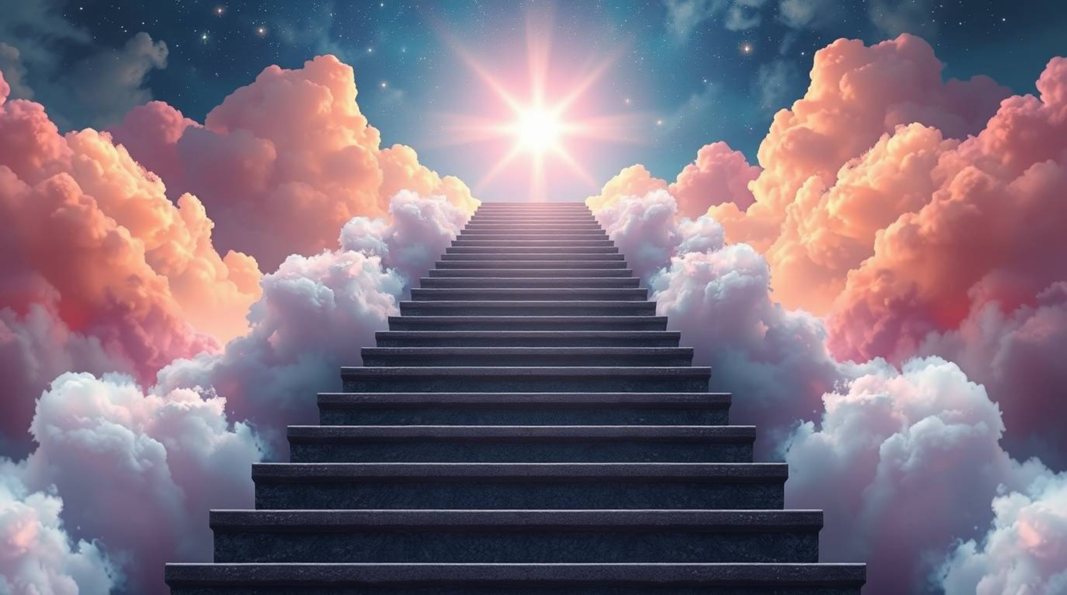 Discover a breathtaking surreal artwork depicting a charming stairway ascending through smoky clouds towards a radiant celest