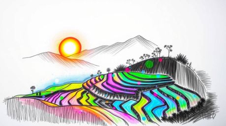 This stunning hand-drawn sketch captures a breathtaking sunset over rice terraces nestled in the mountains. The scene is imbu