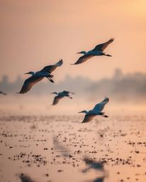 A serene image of herons flying in a golden hour wetland scene. This tranquil photograph uses a palette of cool colors, with 