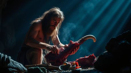 A captivating scene depicts a caveman preparing mammoth meat under a striking cool-toned light, dominated by blues, greens, a