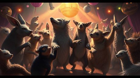 Experience a whimsical animal dance party illuminated by vibrant disco lights. This fantastical scene features bizarre and dr