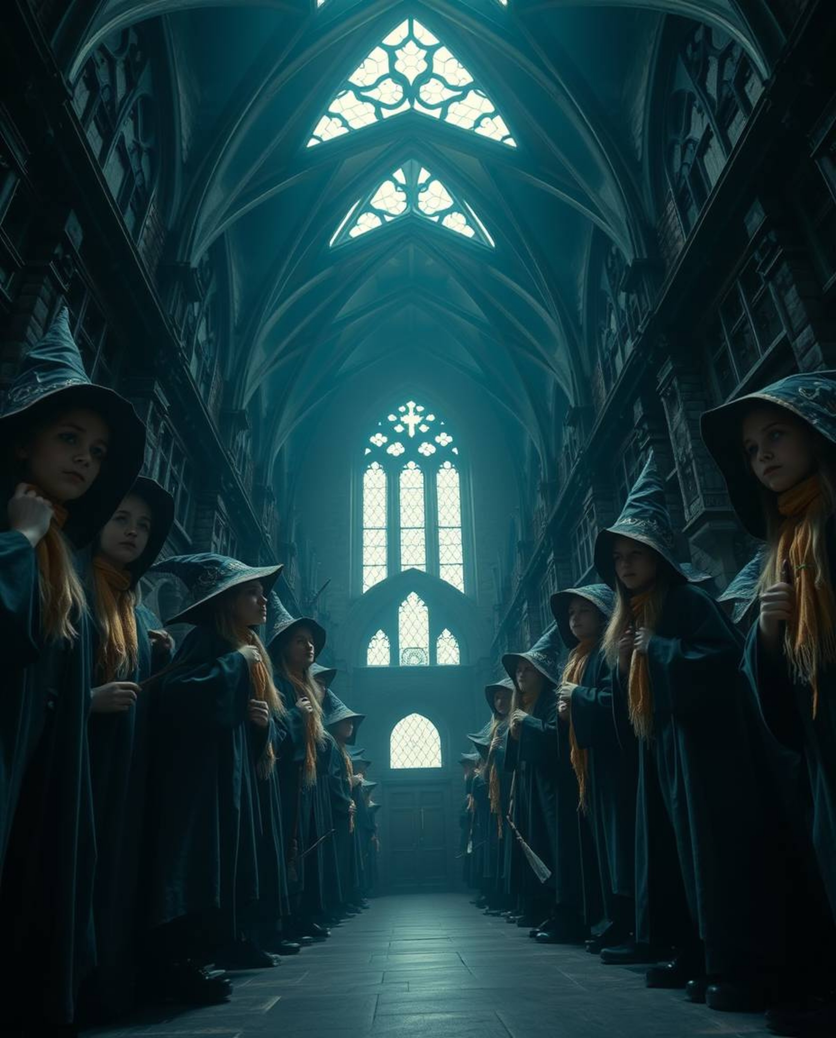 Capture the enchantment of a magical school teeming with young wizards in this atmospheric depiction. Utilizing a low angle p
